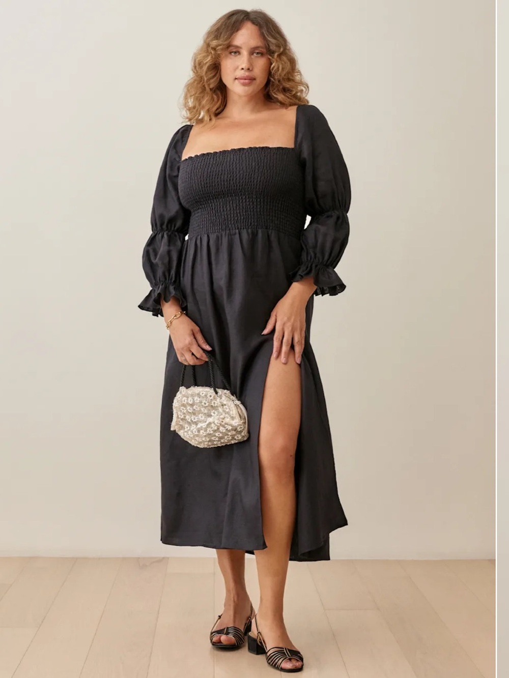 Reformation Hyland 100% Linen Smocked Puff Sleeve Midi Dress Size: XS